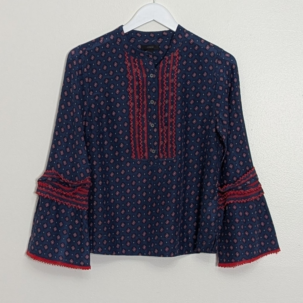 J. Crew Blouse 6 Blue Embroidered Bell Sleeve Cotton Silk Boho